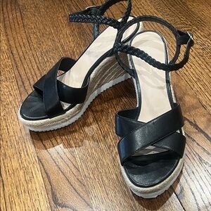 Stuart Weitzman Black Braided-Ankle Espadrille Wedges